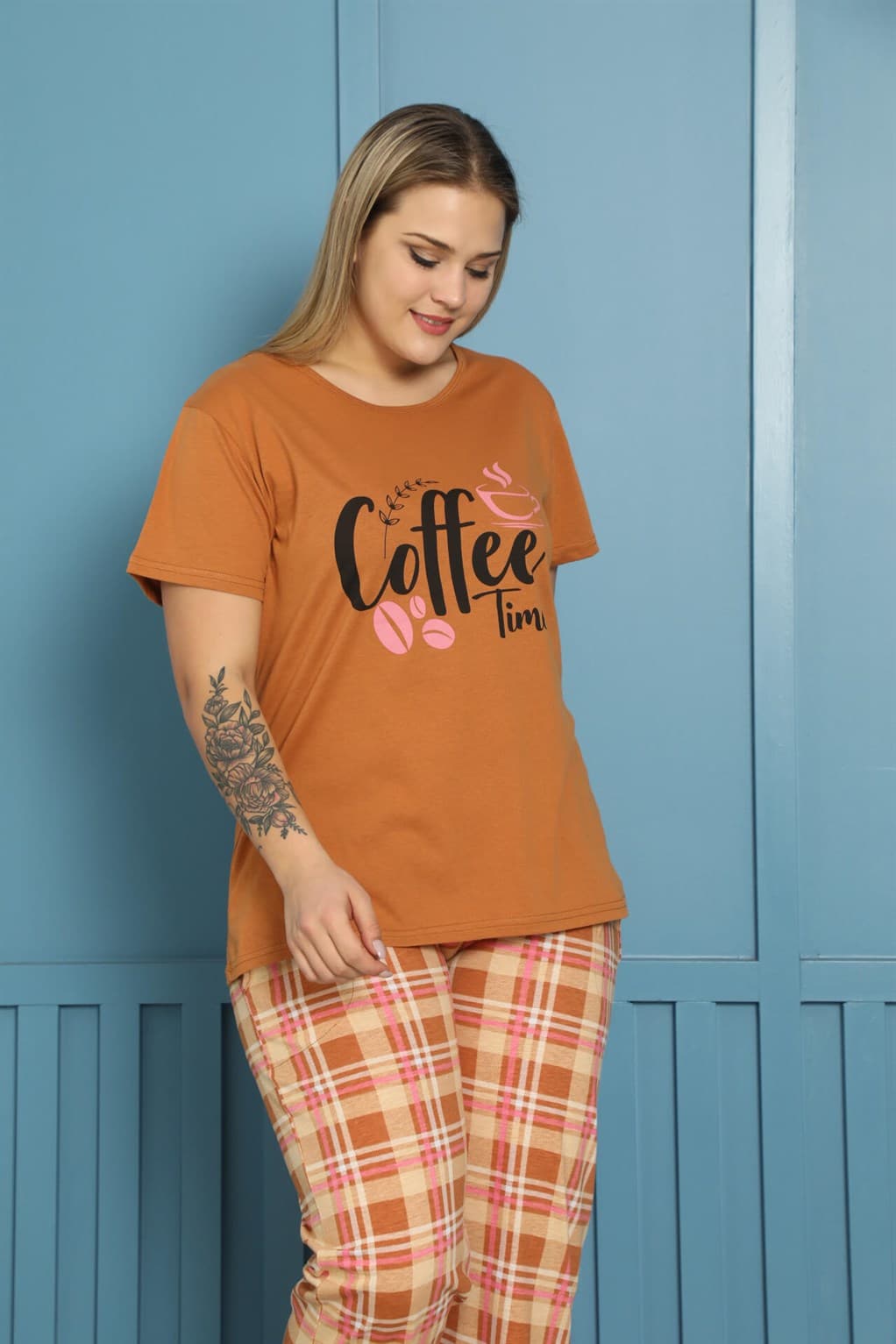 Kadın %100 Pamuk Kısa Kol Büyük Beden Pijama Takım 202155