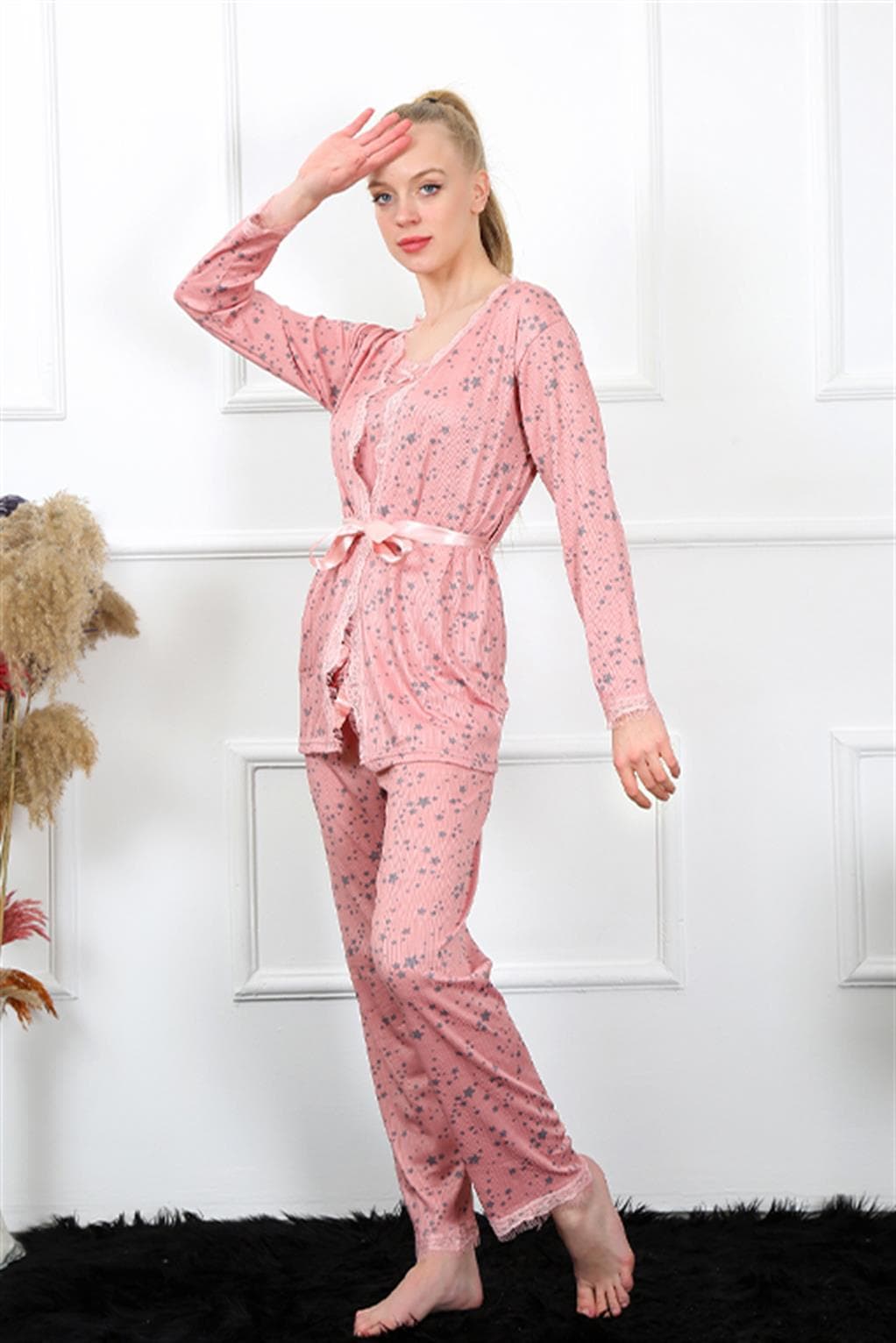 Kadın 3'lü Gül Kurusu Sabahlık Pijama Takım 16103