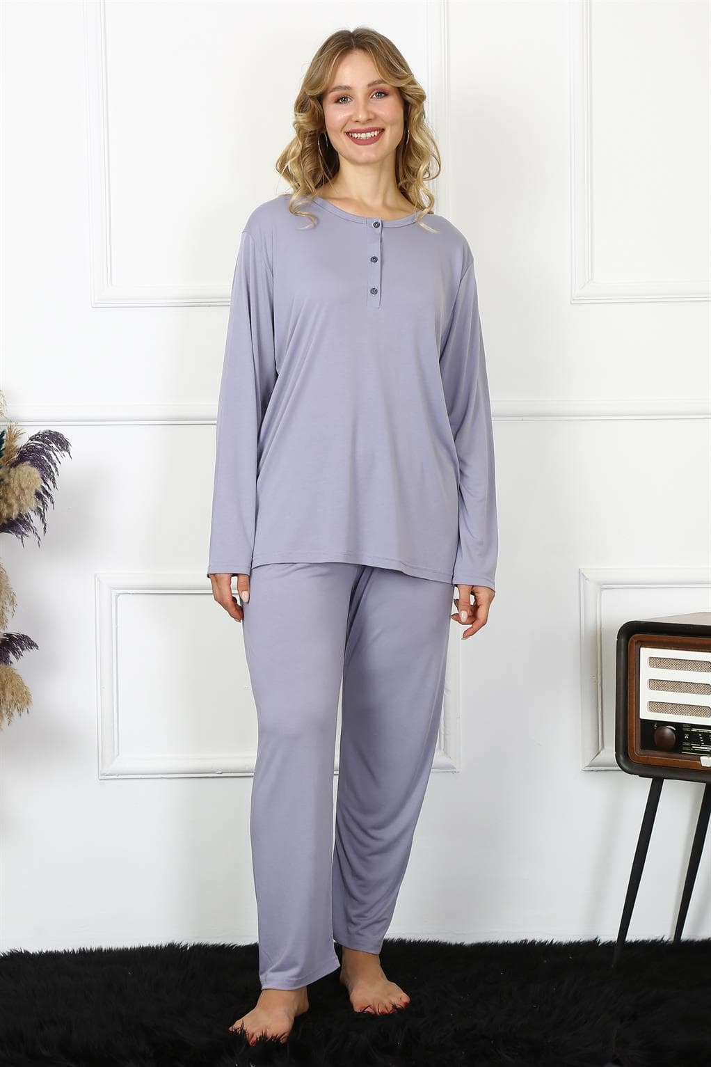Kadın 4XL-5XL-6XL-7XL-8XL Büyük Beden Lila Uzun Kol Pijama Takım 75013