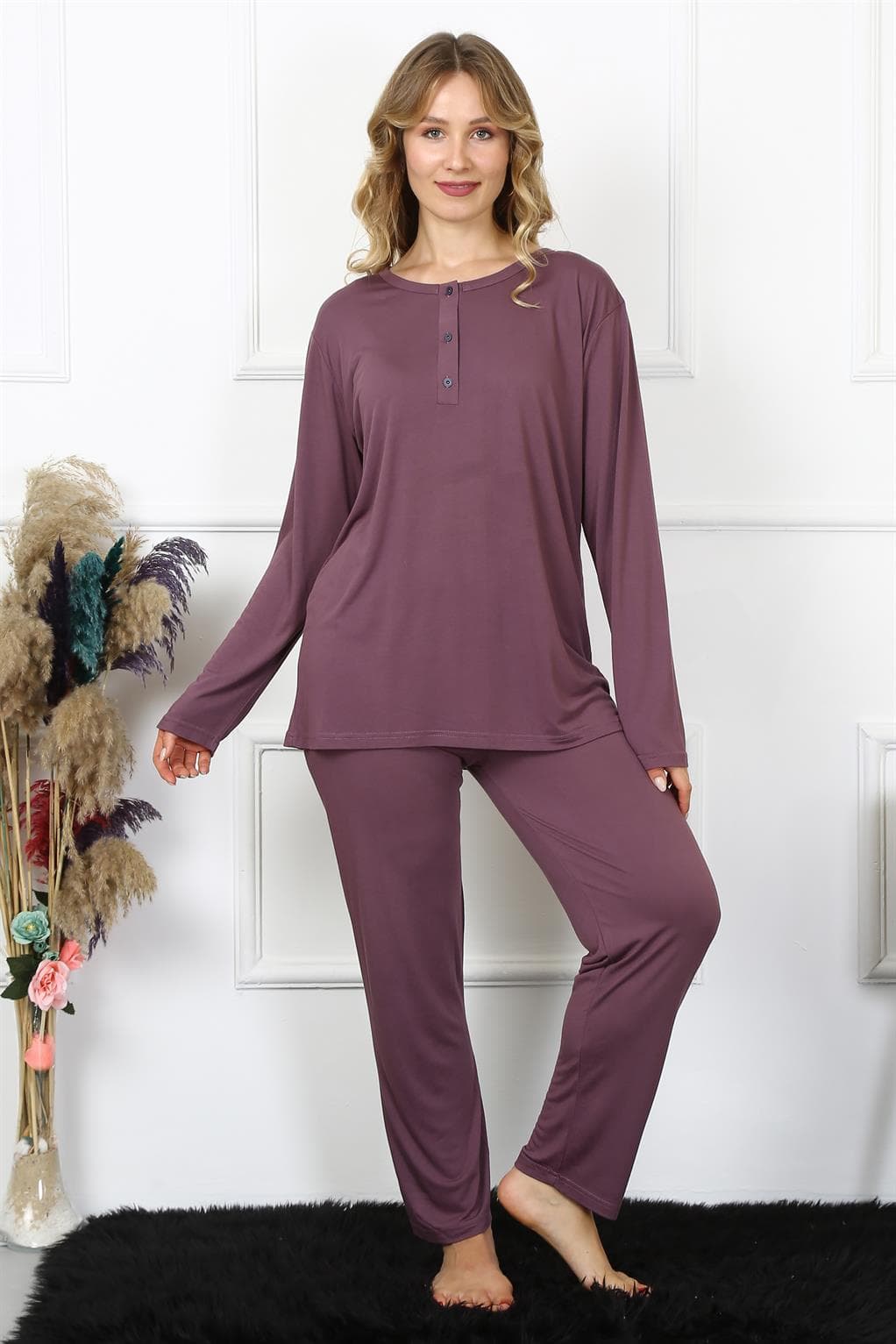 Kadın 4XL-5XL-6XL-7XL-8XL Büyük Beden Mürdüm Uzun Kol Pijama Takım 75013