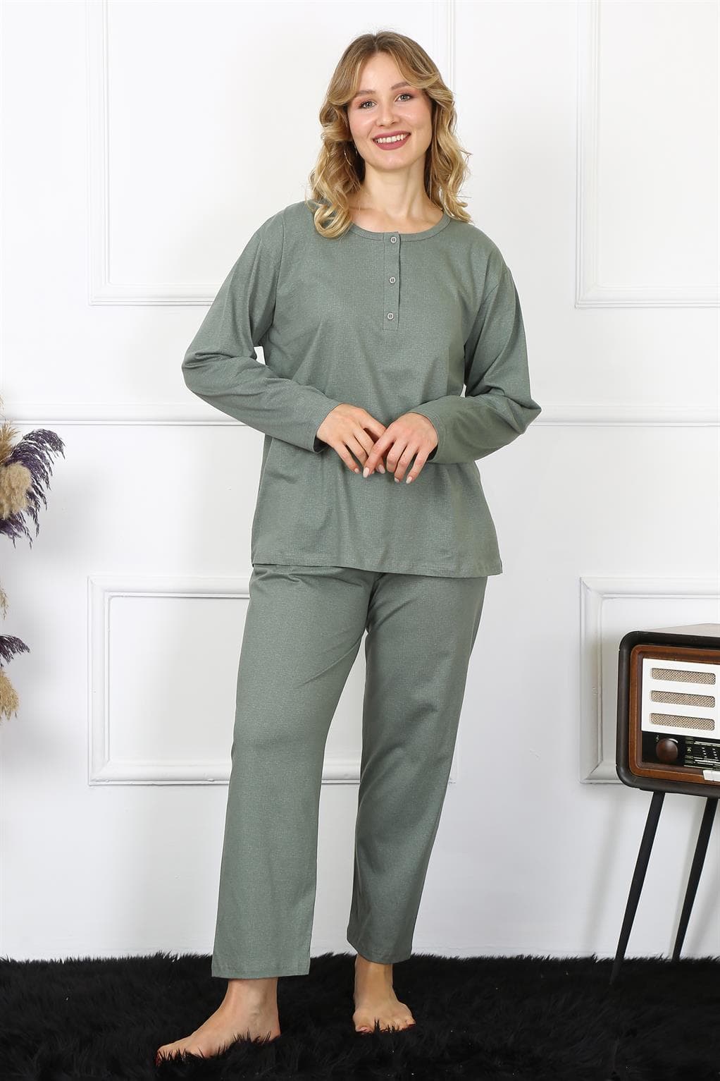 Kadın 4XL-5XL-6XL-7XL-8XL Büyük Beden Yeşil Uzun Kol Pijama Takım 75013