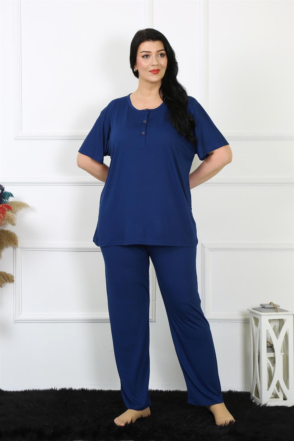 Kadın 5XL-6XL-7XL-8XL Büyük Beden Lacivert Kısa Kol Pijama Takım 75012