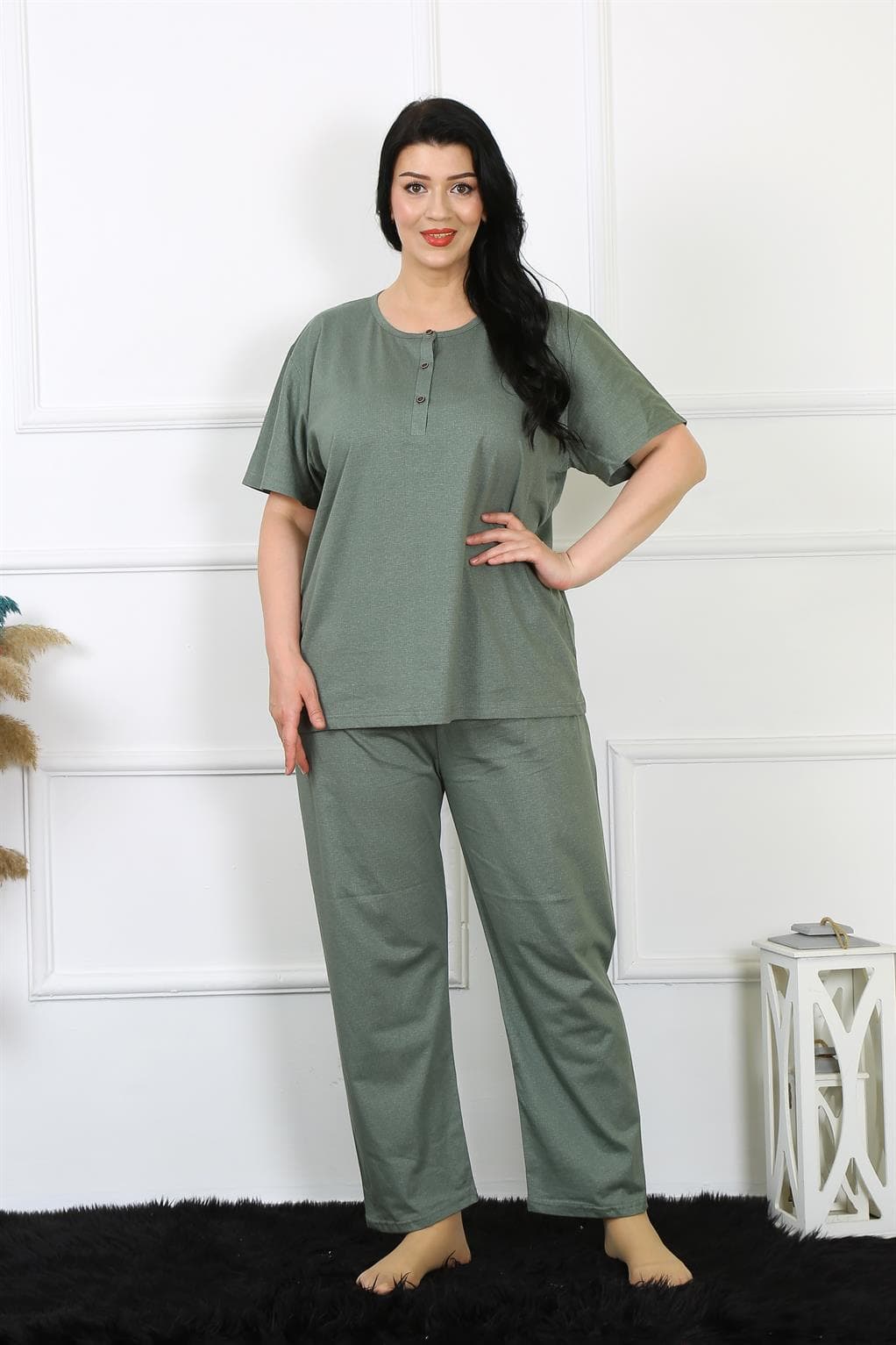 Kadın 5XL-6XL-7XL-8XL Büyük Beden Yeşil Kısa Kol Pijama Takım 75012