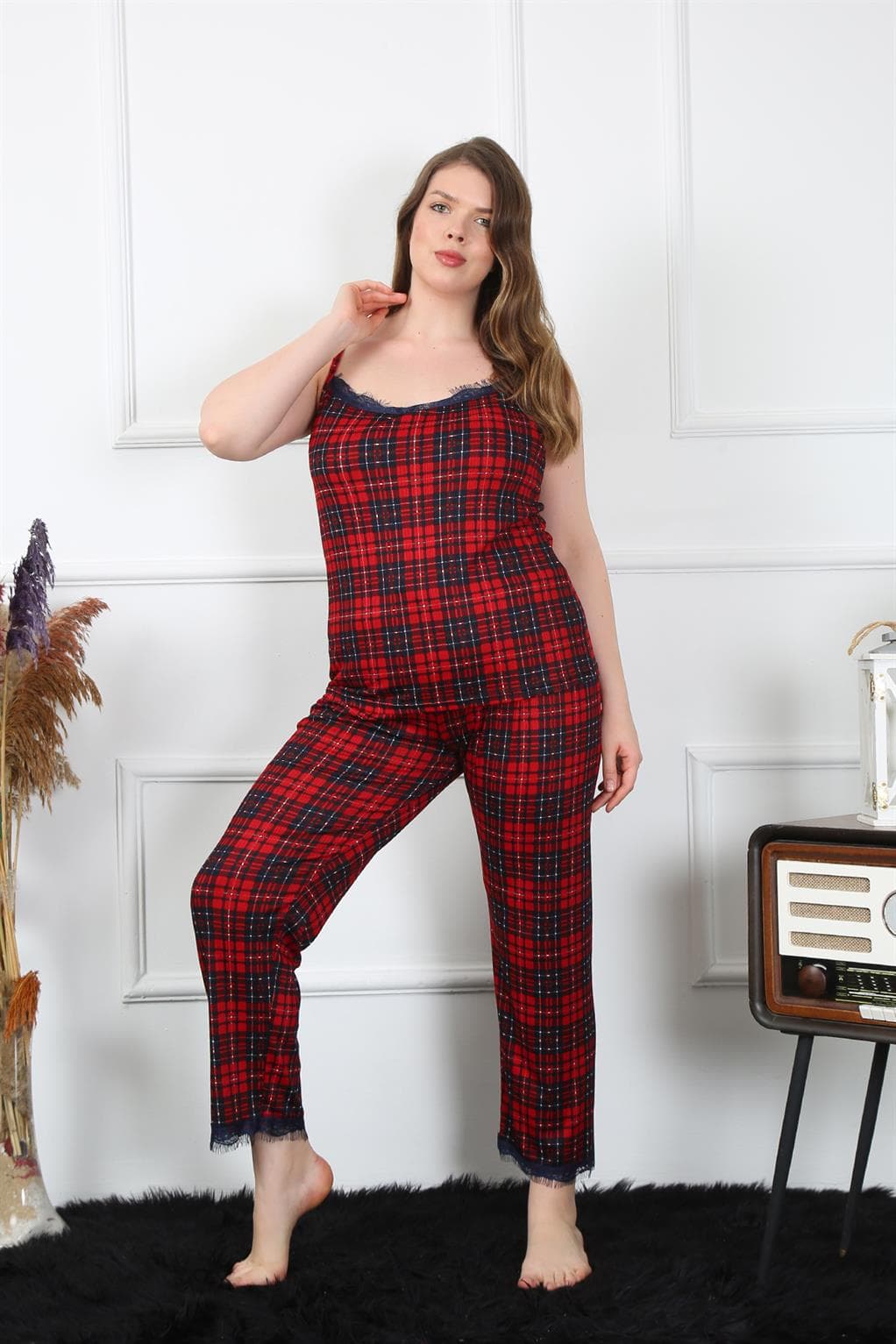 Kadın Büyük Beden Kırmızı Ekoseli İp Askılı Pijama Takım 202197