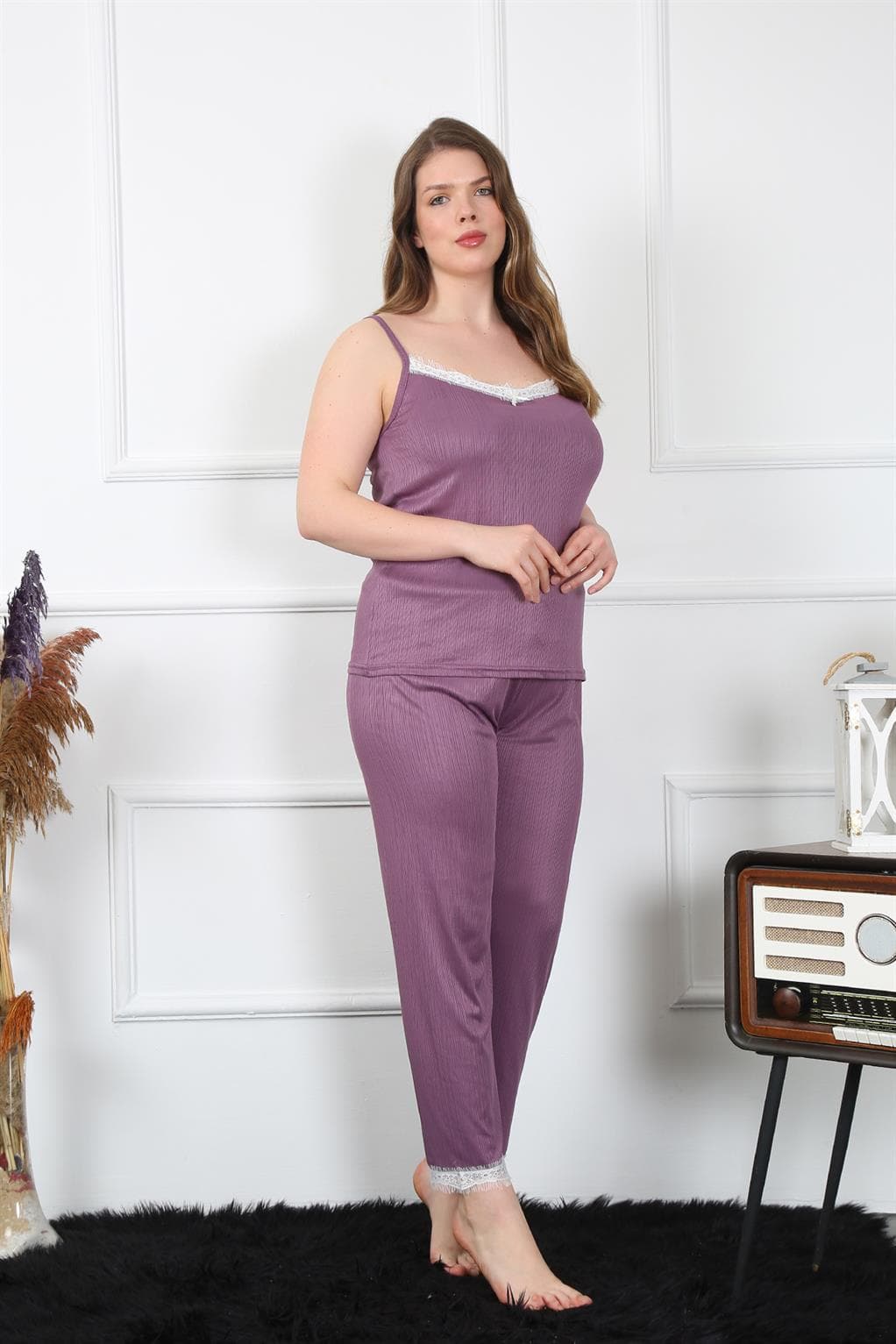 Kadın Büyük Beden Mürdüm İp Askılı Pijama Takım 202195