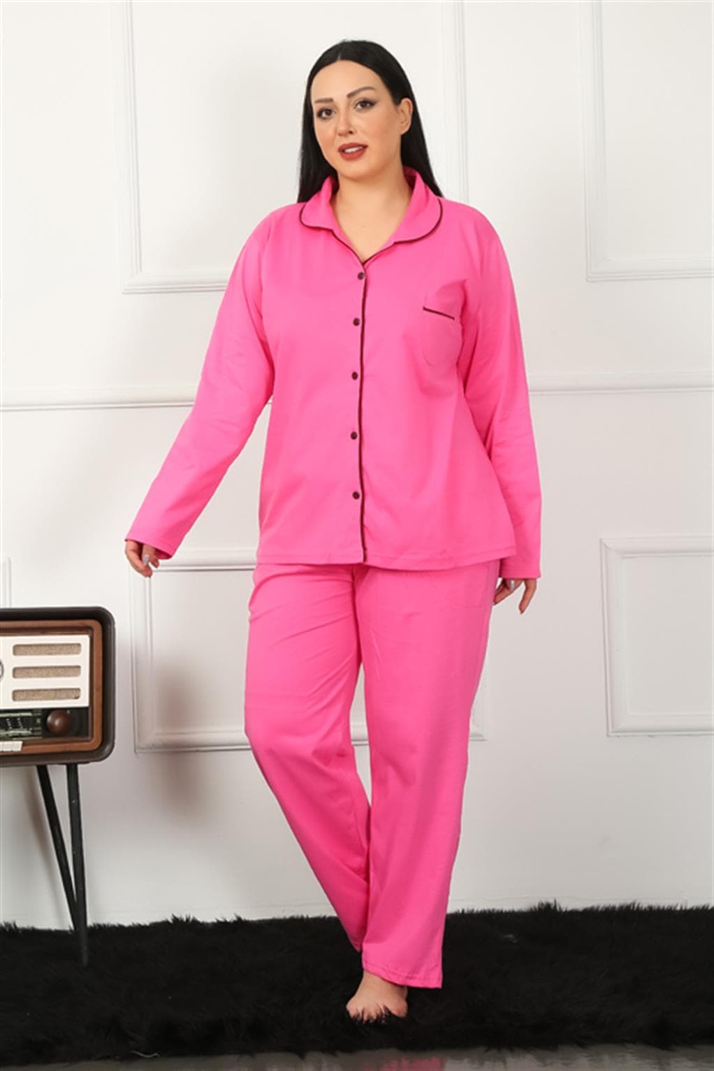 Kadın Büyük Beden Önden Düğmeli Fuşya Pijama Takım 202185