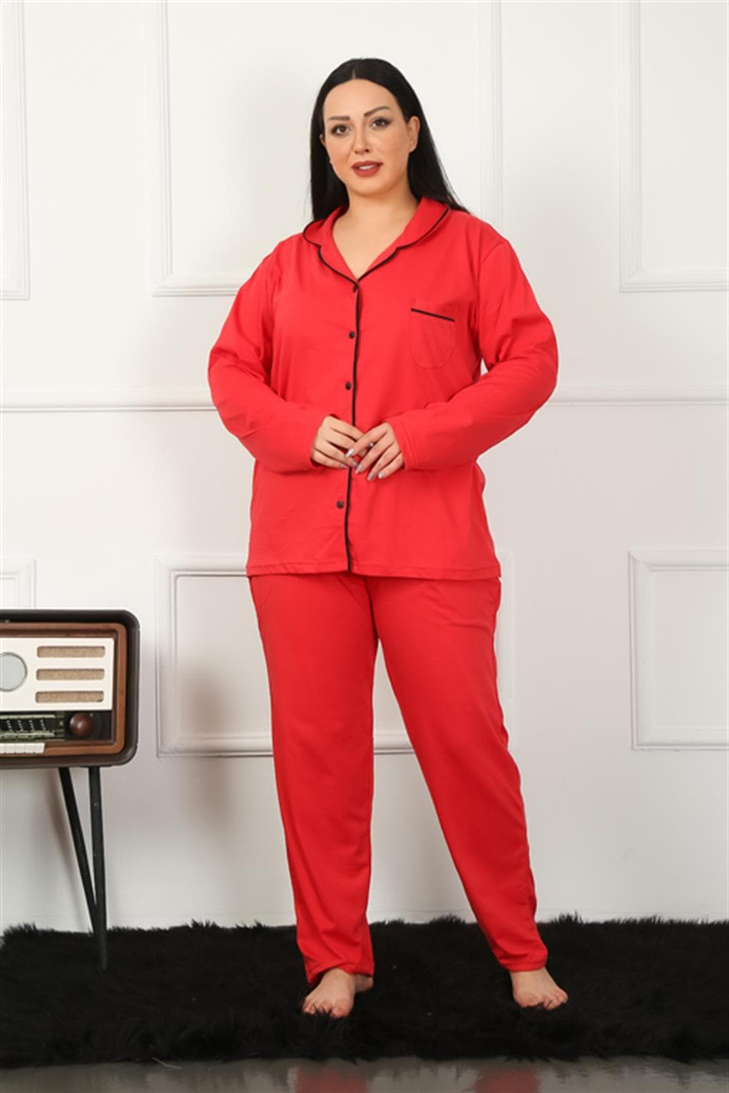 Kadın Büyük Beden Önden Düğmeli Kırmızı Pijama Takım 202185