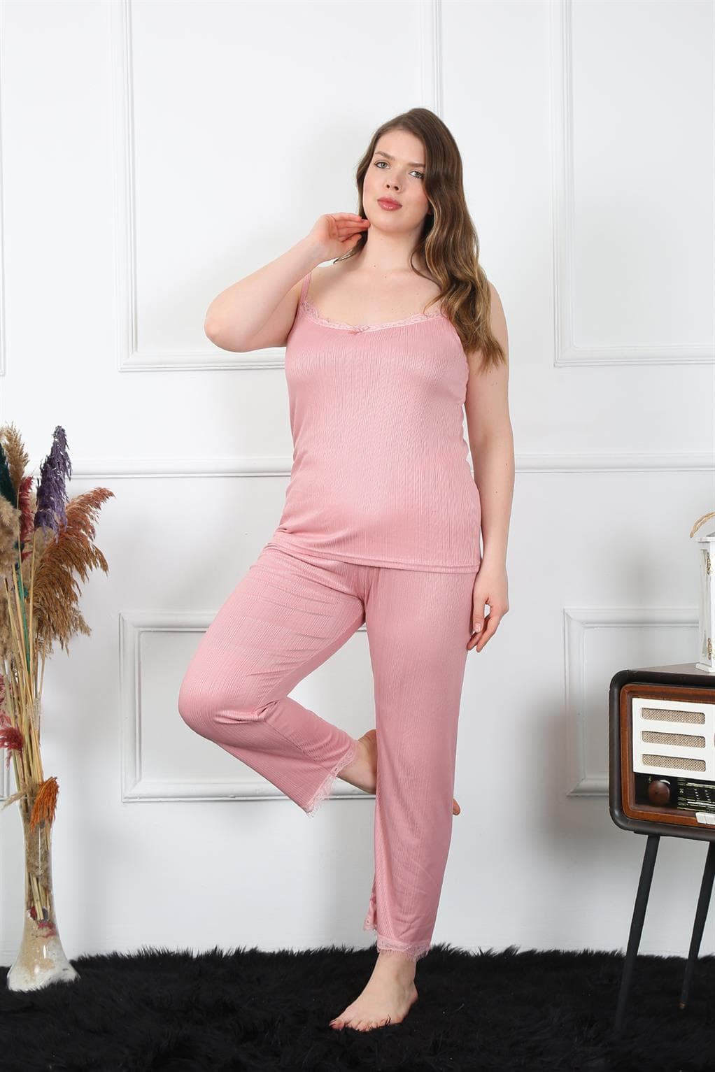 Kadın Büyük Beden Pudra İp Askılı Pijama Takım 202195