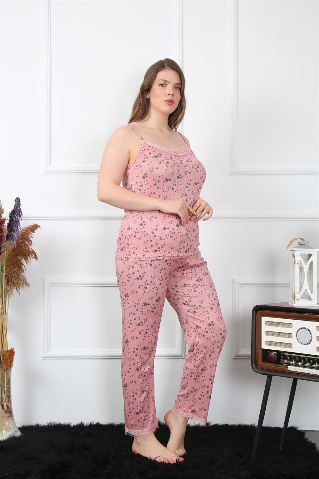 Kadın Büyük Beden Somon İp Askılı Pijama Takım 202198