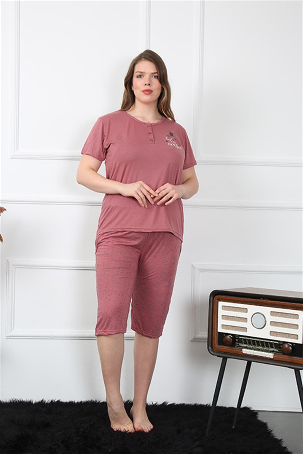 Kadın Büyük Beden Viscon Kapri Pijama Takım 202201