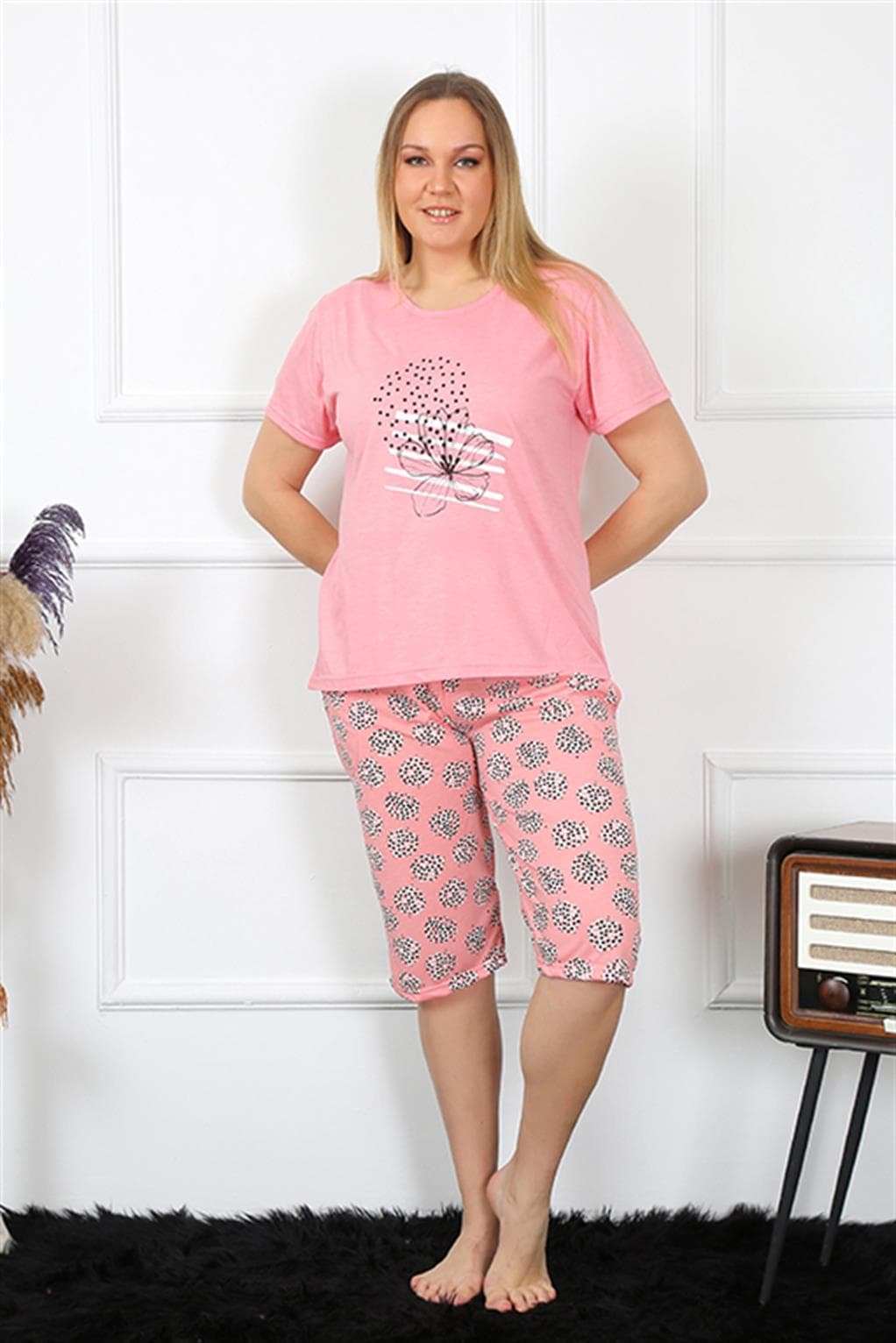 Kadın Büyük Beden Viscon Pembe Kapri Pijama Takım 202192