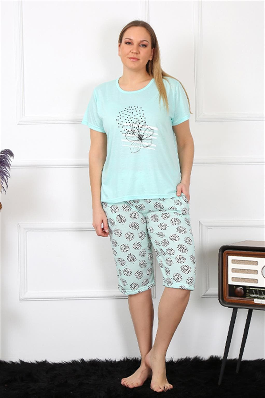 Kadın Büyük Beden Viscon Su Yeşili Kapri Pijama Takım 202192