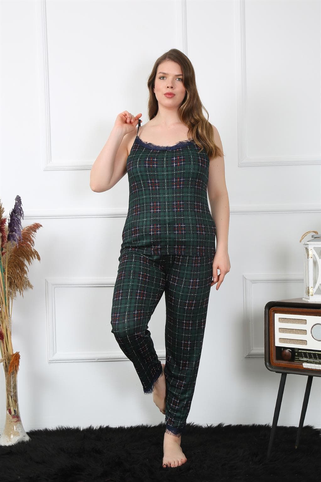 Kadın Büyük Beden Yeşil Ekoseli İp Askılı Pijama Takım 202197