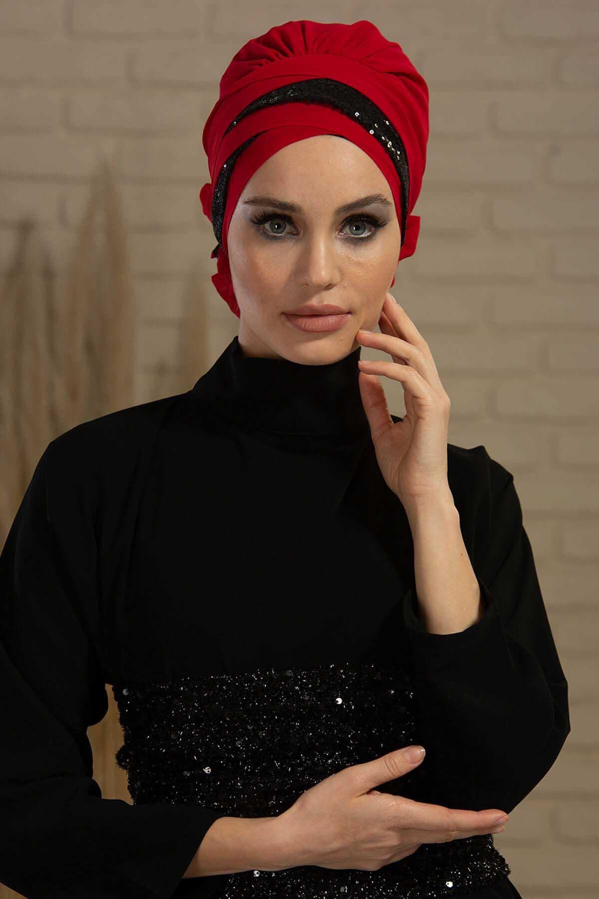 Parlak Payetli Özel Tasarım Şifon Hazır Türban,HT-47P Kırmızı - Siyah