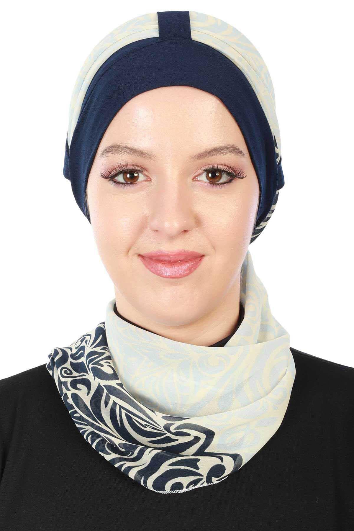 Şifon Kuşaklı Penye Bone Desenli,B-36D Lacivert - Lacivert Mavi