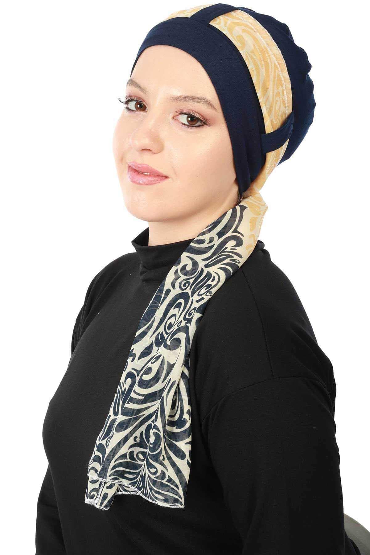 Şifon Kuşaklı Penye Bone Desenli,B-36D Lacivert - Lacivert Sarı