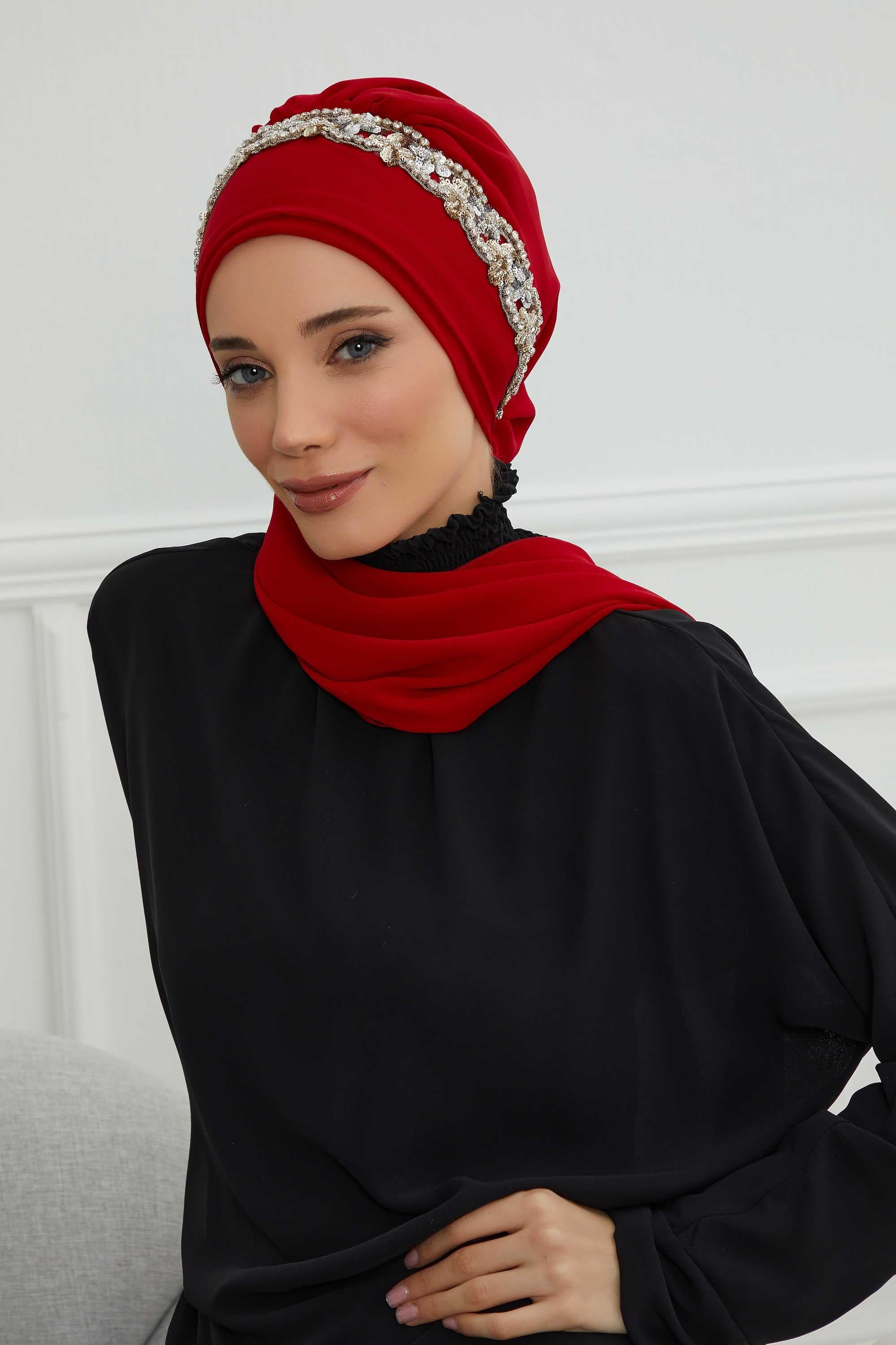 Taş Aksesuarlı Tasarım Şifon Hazır Türban,HT-101,HT-101 Kırmızı-Gümüş