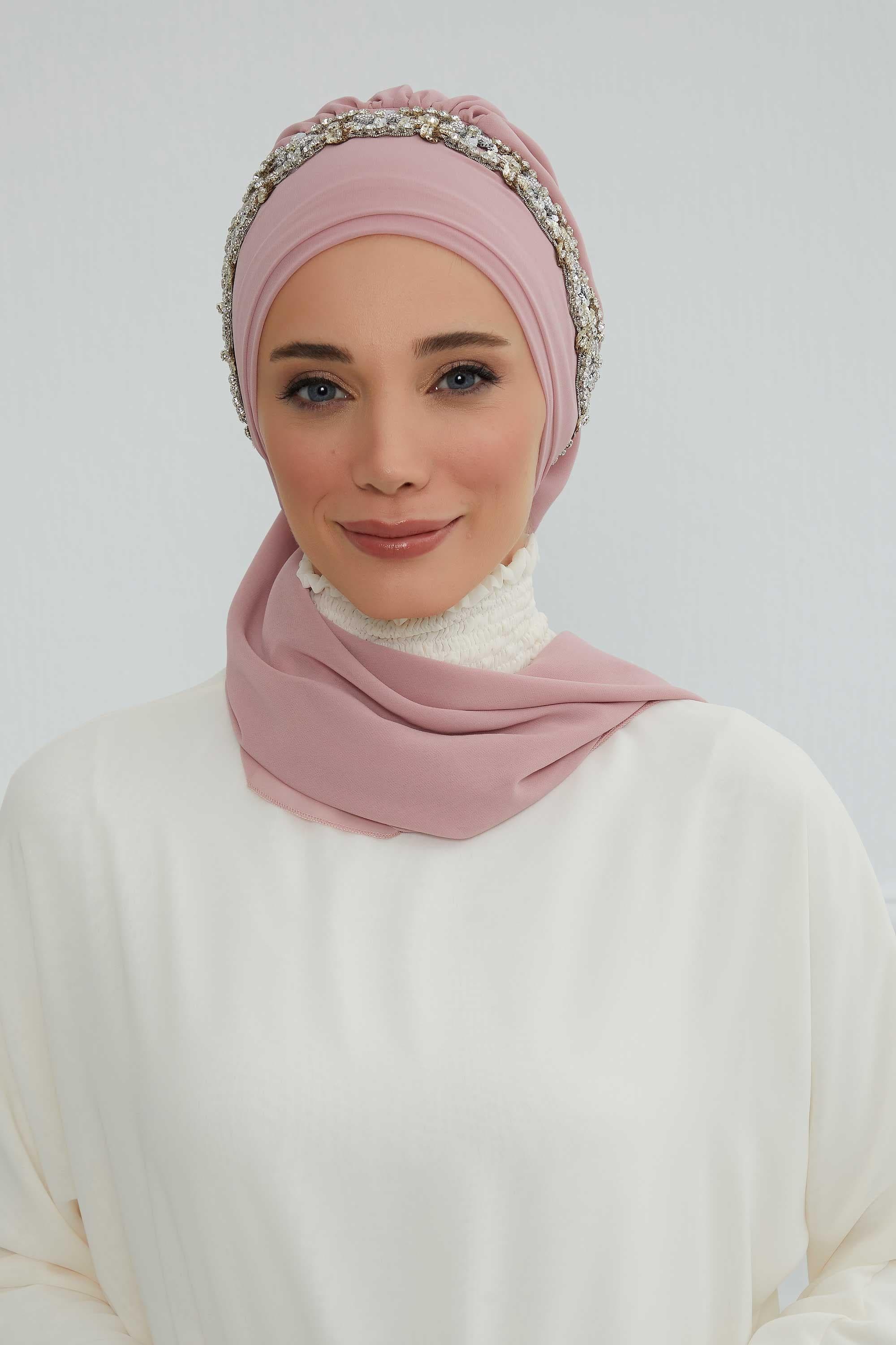 Taş Aksesuarlı Tasarım Şifon Hazır Türban,HT-101,HT-101 Pudra-Gümüş