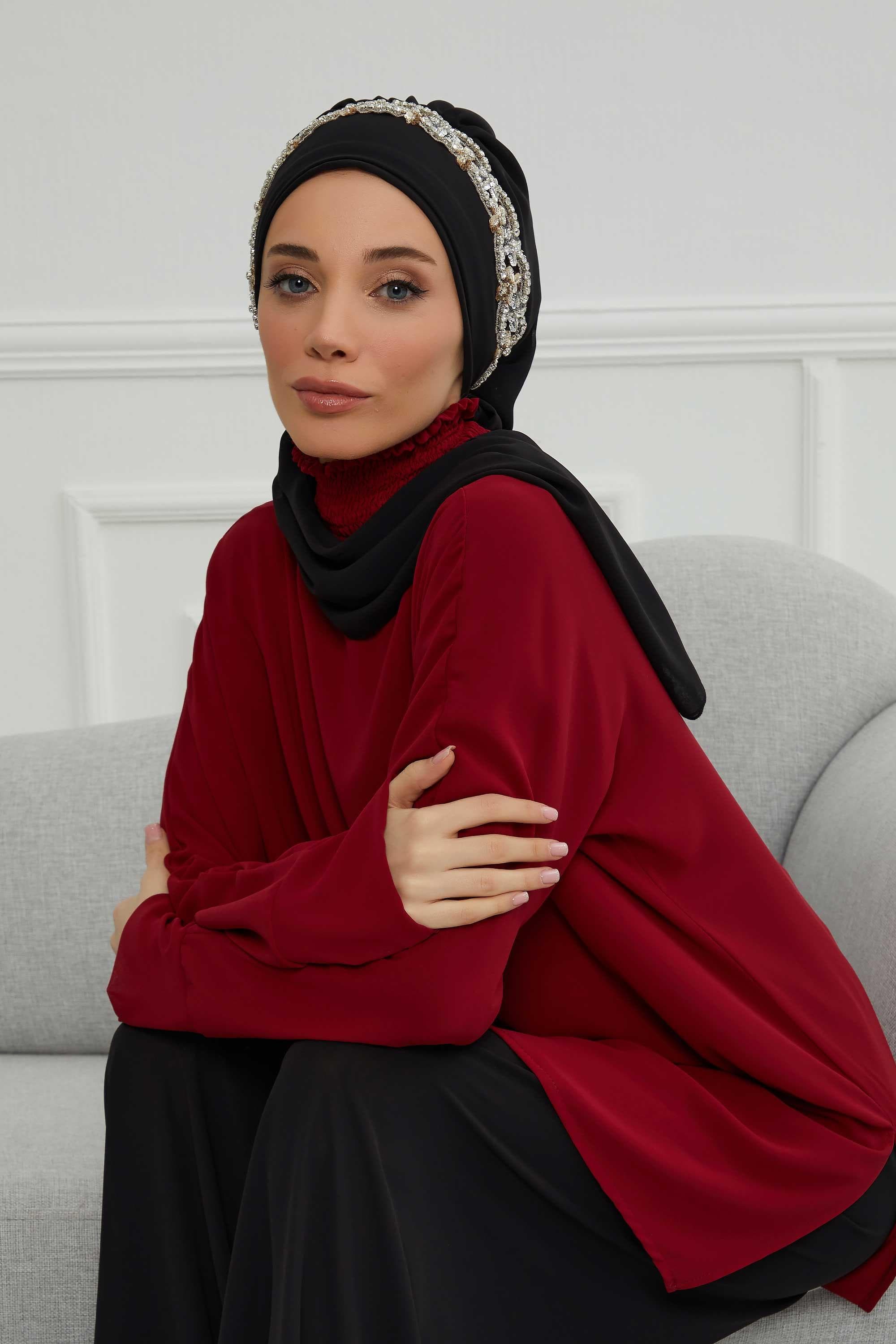 Taş Aksesuarlı Tasarım Şifon Hazır Türban,HT-101,HT-101 Siyah-Gümüş