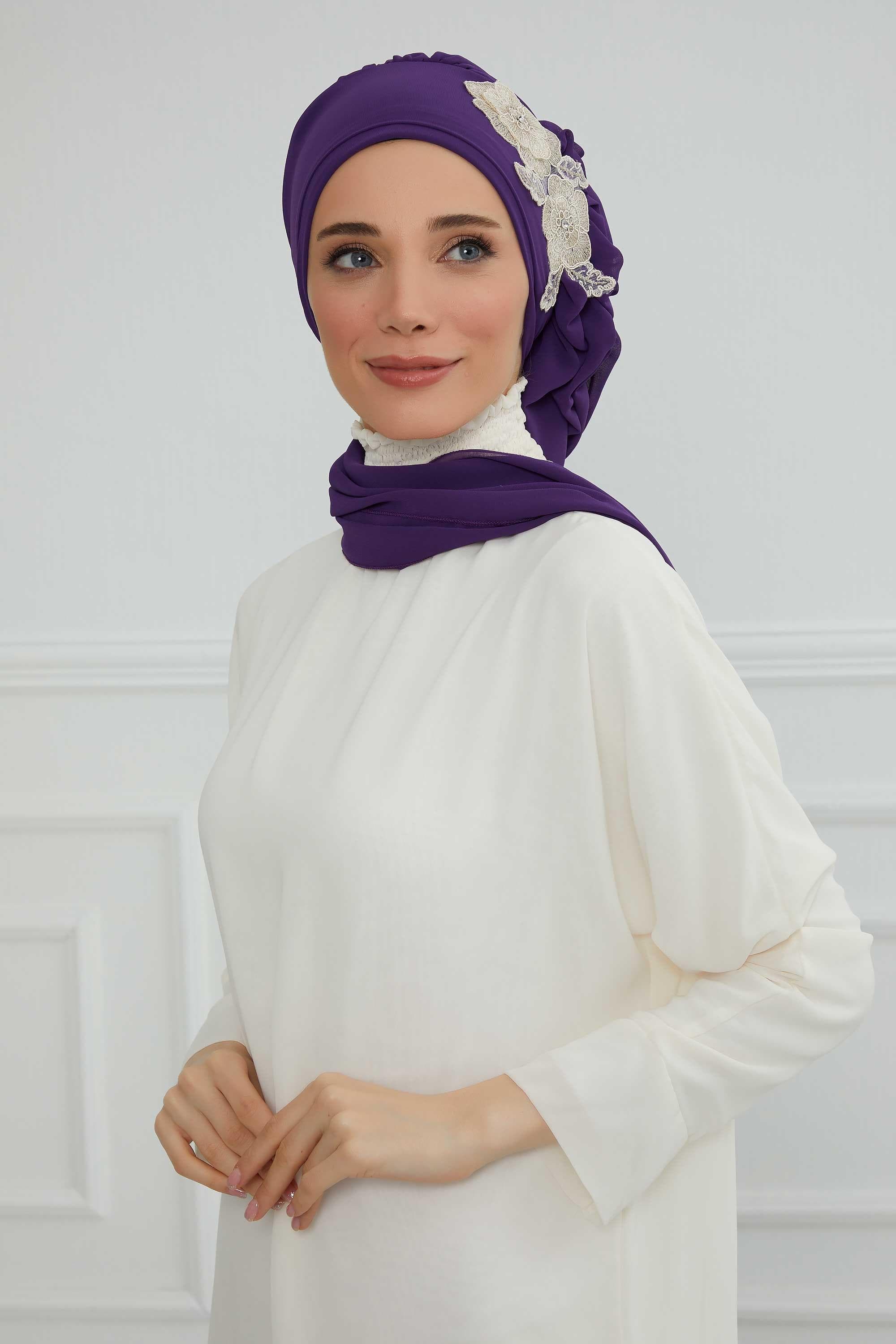 Yandan Fırfırlı Çiçek Aksesuarlı Şifon Hazır Türban,HT-102,HT-102 Mor-Gold