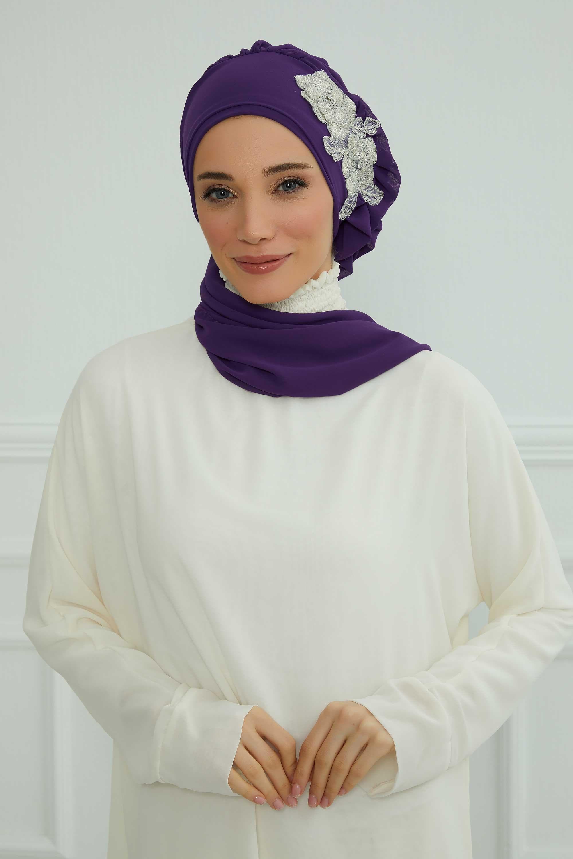 Yandan Fırfırlı Çiçek Aksesuarlı Şifon Hazır Türban,HT-102,HT-102 Mor-Gümüş