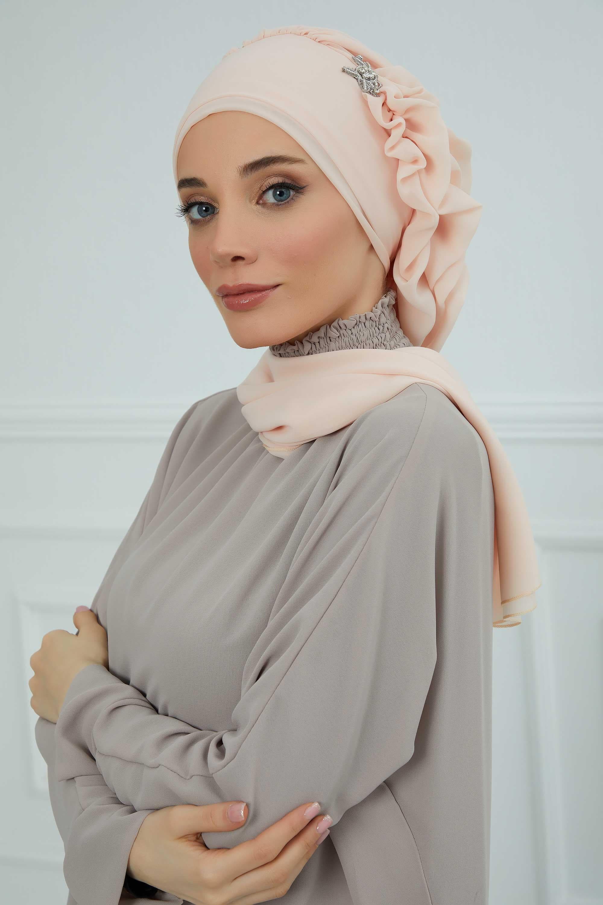 Yandan Fırfırlı Gümüş Aksesuarlı Şifon Hazır Türban,HT-106,HT-106 Bej