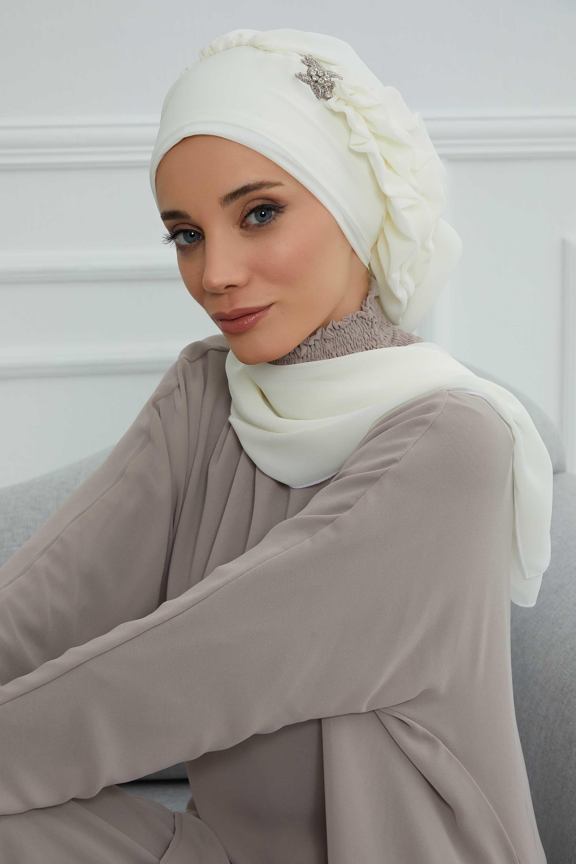 Yandan Fırfırlı Gümüş Aksesuarlı Şifon Hazır Türban,HT-106,HT-106 Krem