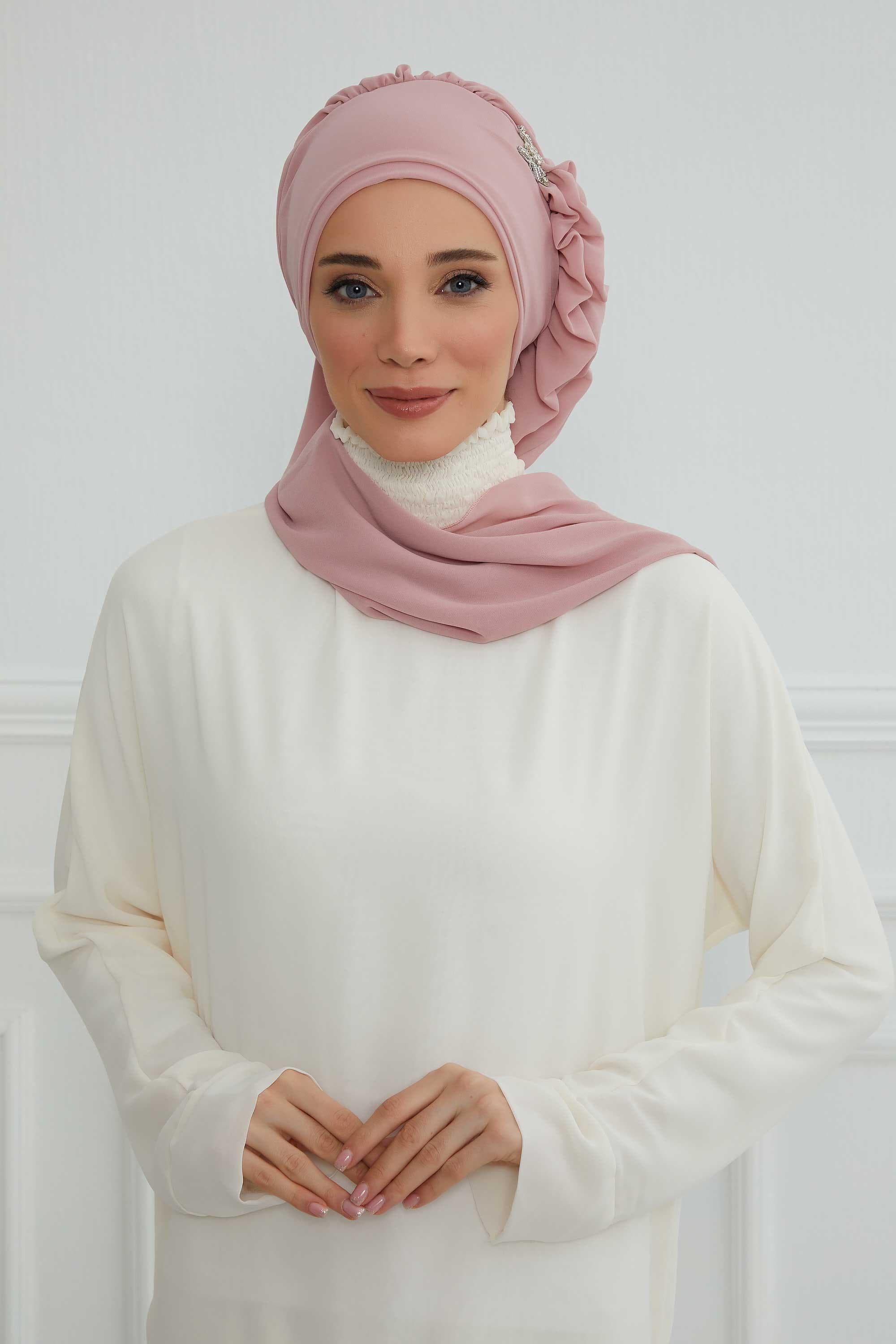 Yandan Fırfırlı Gümüş Aksesuarlı Şifon Hazır Türban,HT-106,HT-106 Pudra