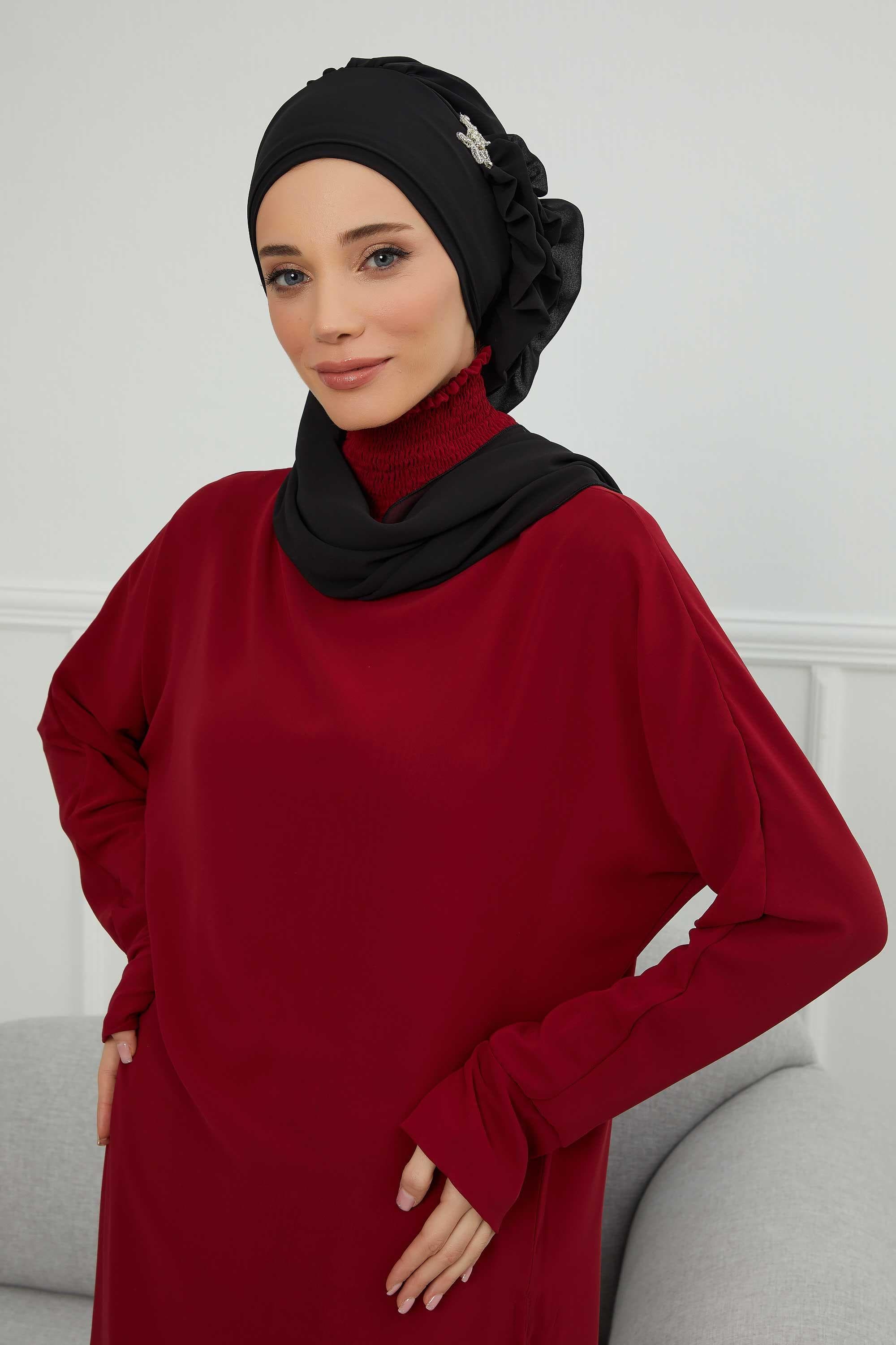 Yandan Fırfırlı Gümüş Aksesuarlı Şifon Hazır Türban,HT-106,HT-106 Siyah