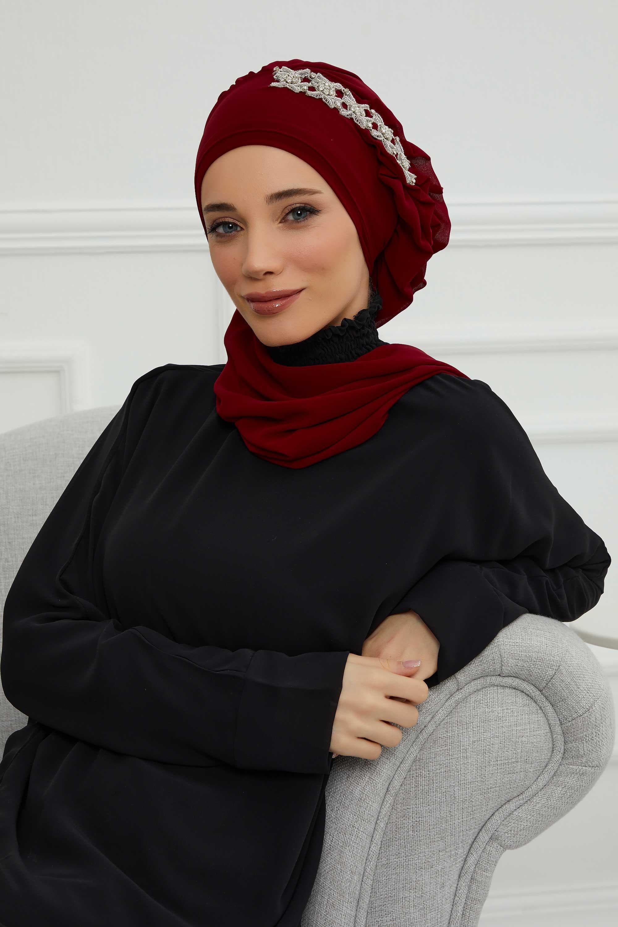 Yandan Fırfırlı Taş Aksesuarlı Şifon Hazır Türban,HT-100,HT-100 Bordo
