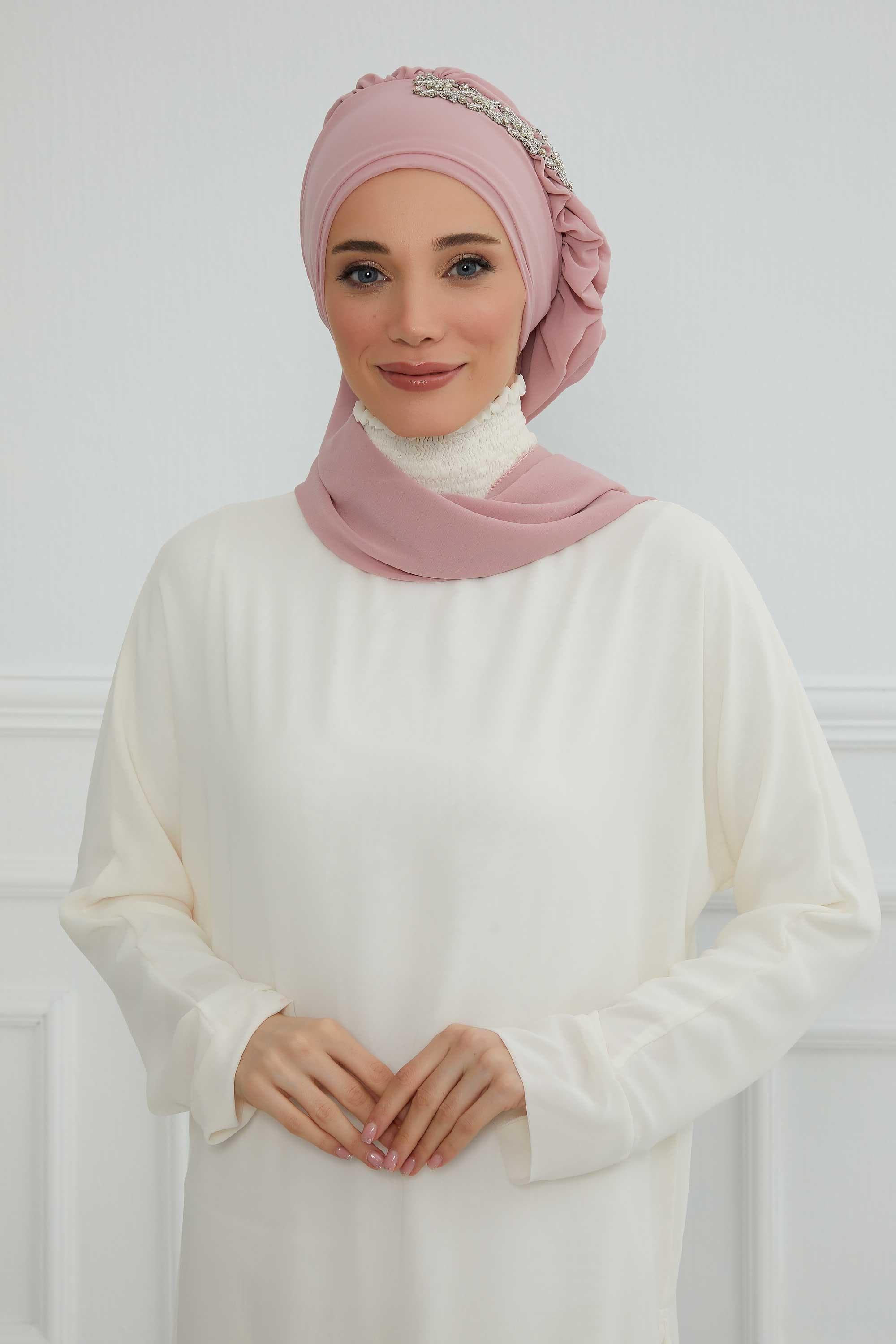 Yandan Fırfırlı Taş Aksesuarlı Şifon Hazır Türban,HT-100,HT-100 Pudra