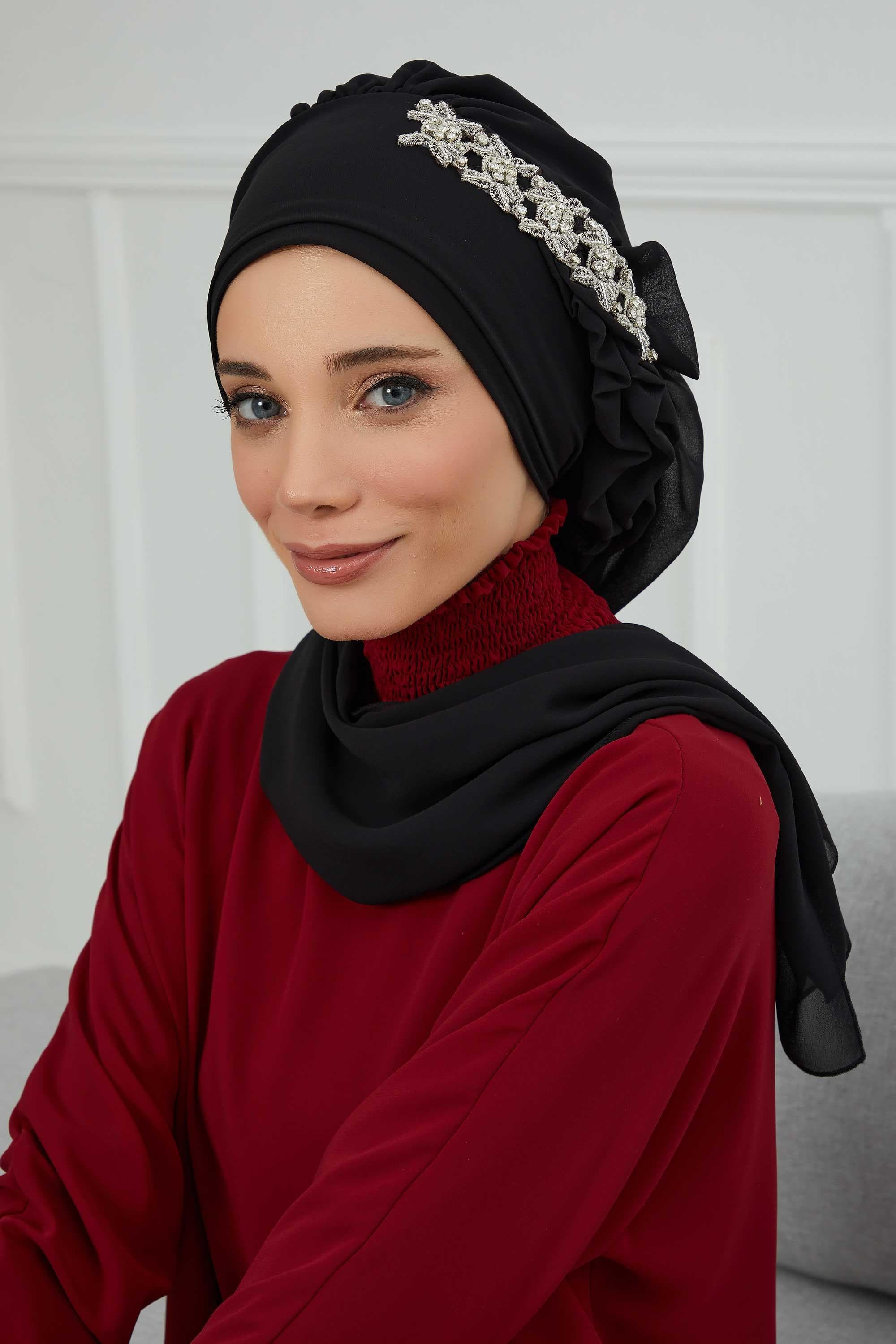 Yandan Fırfırlı Taş Aksesuarlı Şifon Hazır Türban,HT-100,HT-100 Siyah