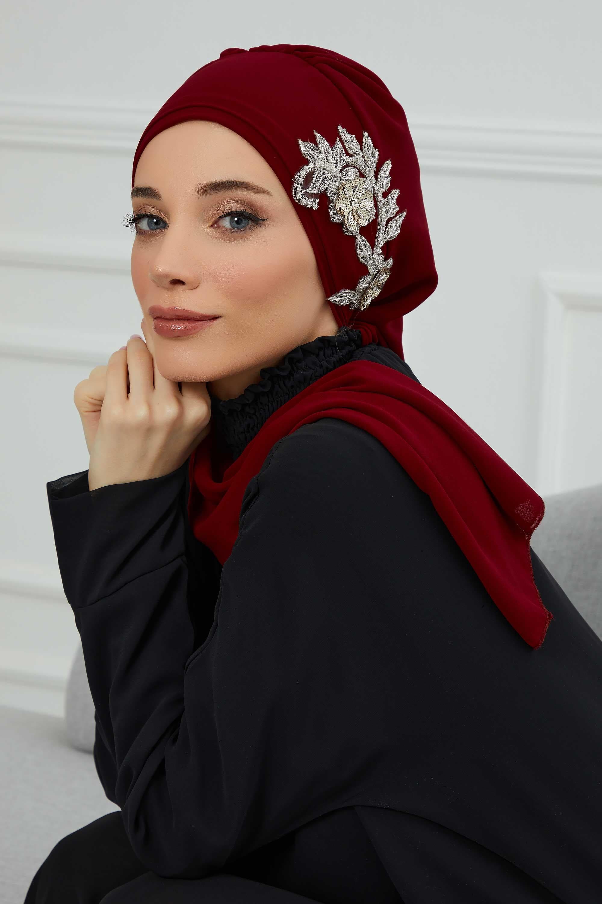 Yandan Taş Çiçek Aksesuarlı Şifon Hazır Türban,HT-104,HT-104 Bordo