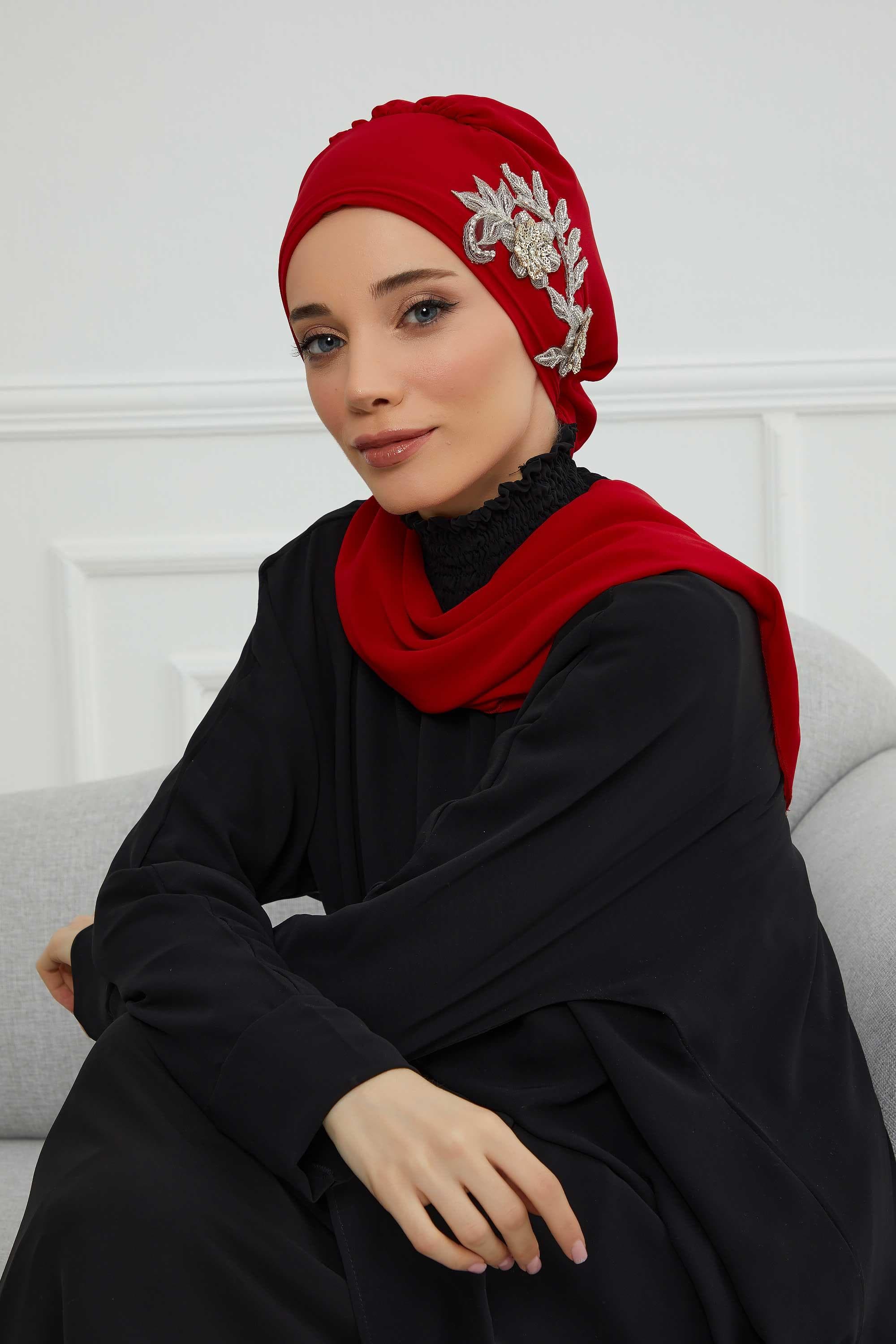 Yandan Taş Çiçek Aksesuarlı Şifon Hazır Türban,HT-104,HT-104 Kırmızı