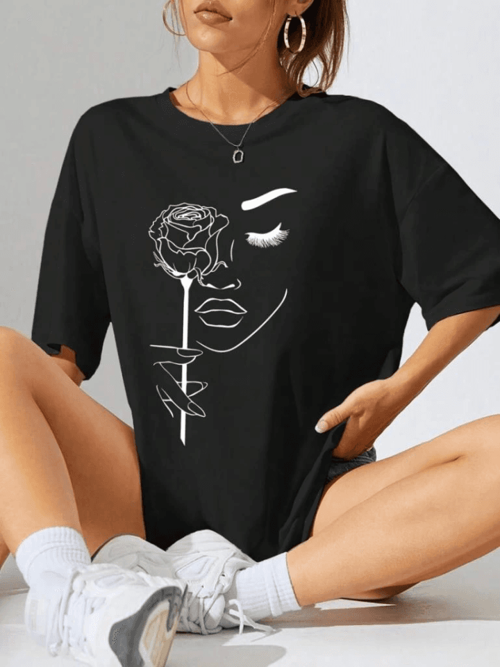 Baskılı Oversize T-shirt - Siyah