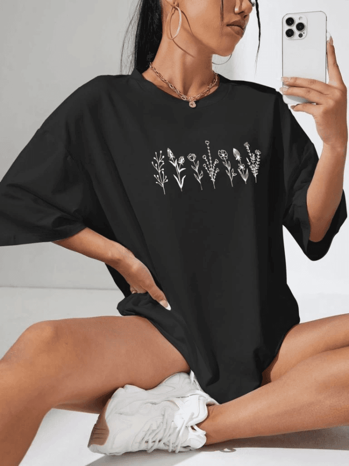 Baskılı Oversize T-shirt - Siyah