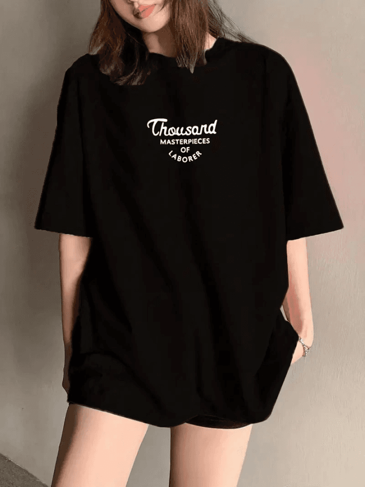 Thousand Baskılı Oversize Bisiklet Yaka T-shirt - Siyah