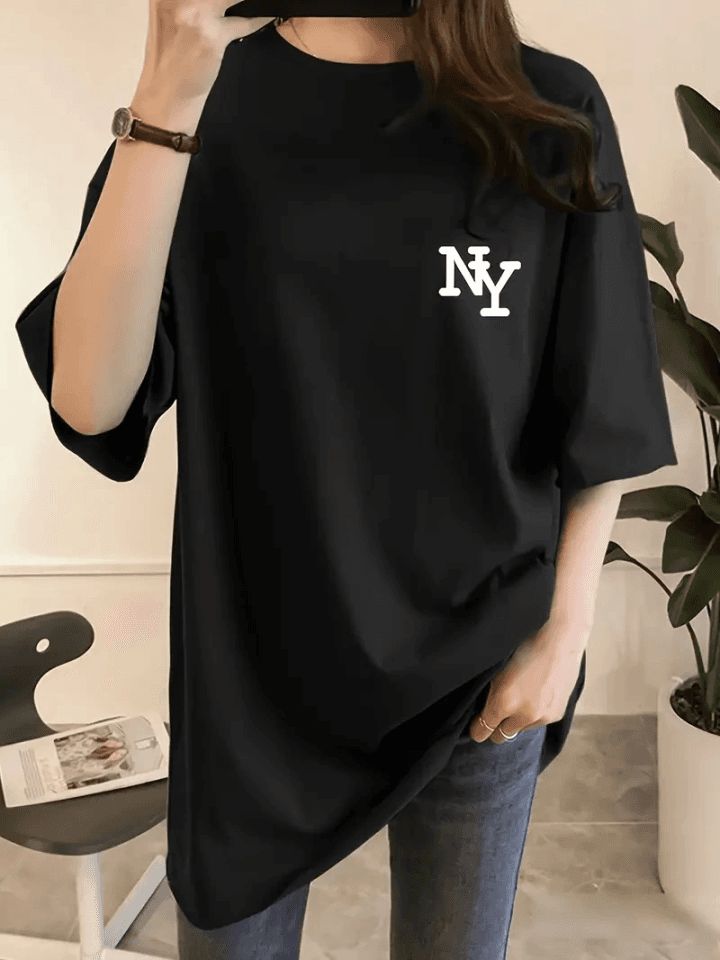 Baskılı Oversize Bisiklet Yaka T-shirt - Siyah
