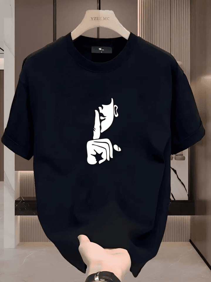 Rahat Bisiklet Yaka Tişört, Yaratıcı Karikatür Baskı - Yumuşak Polyester, Her Mevsim Giyilebilir- Siyah