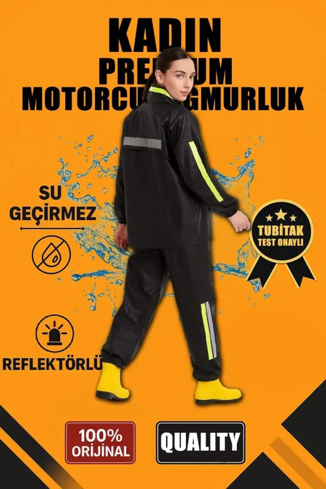 Premium Motorcu Kurye Yağmurluk Takım Su Geçirmez PVC Kumaş Reflektörlü TÜBİTAK Onaylı - Siyah