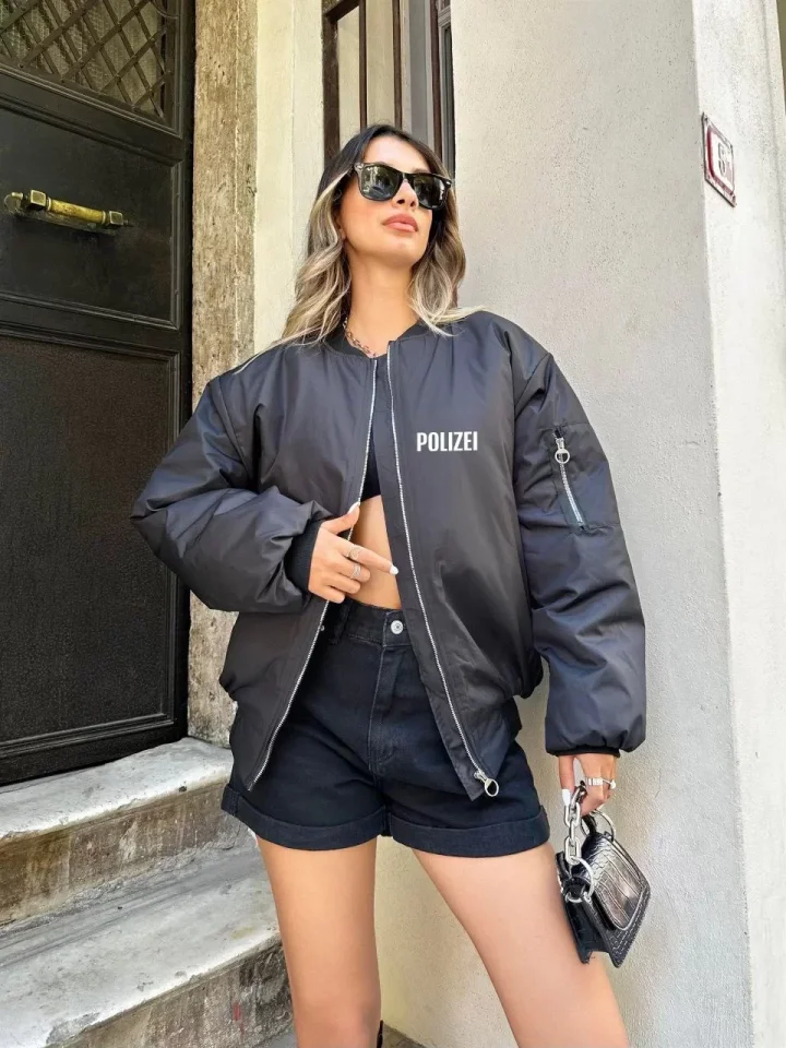 Unisex Uzun Kol Baskılı Bomber Ceket - Siyah — görsel 1/4