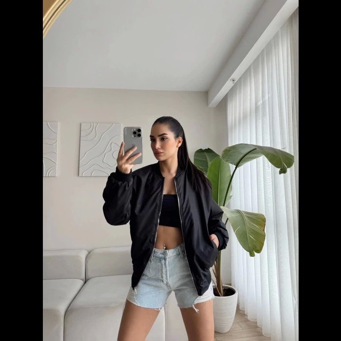Unisex İçi Astarlı Düz Bomber Ceket - Siyah — görsel 1/4
