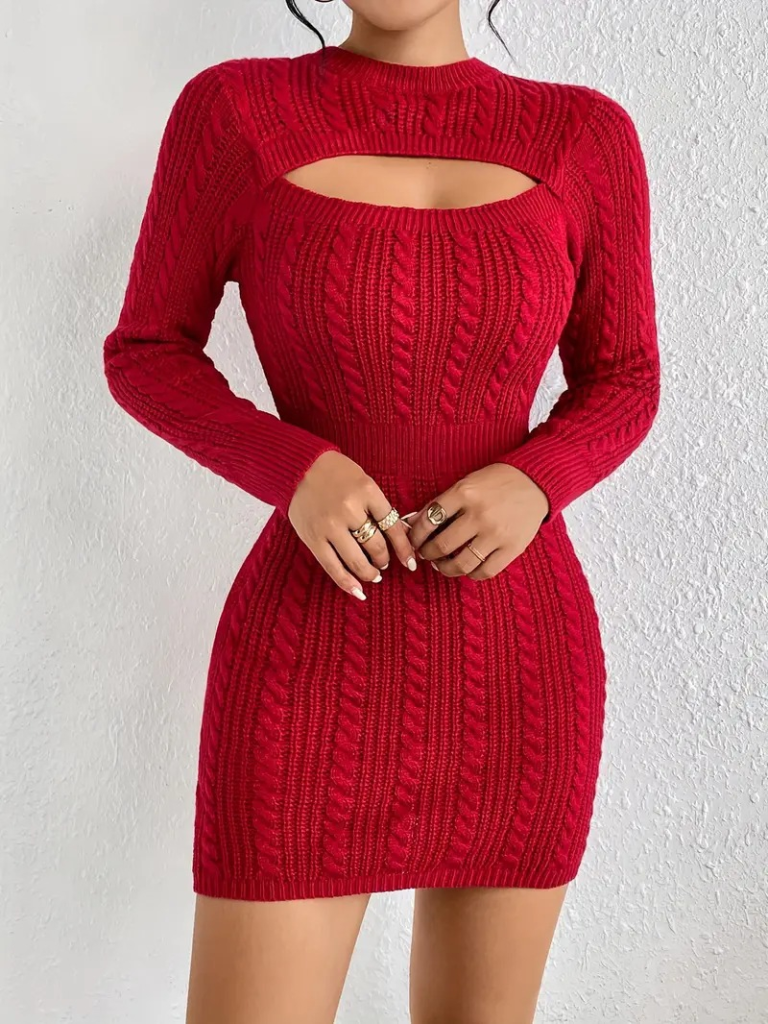 Kadın Uzun Kollu Yarı Balıkçı Yaka Pencere Göğüs Detay Mini Triko Elbise — görsel 1/9