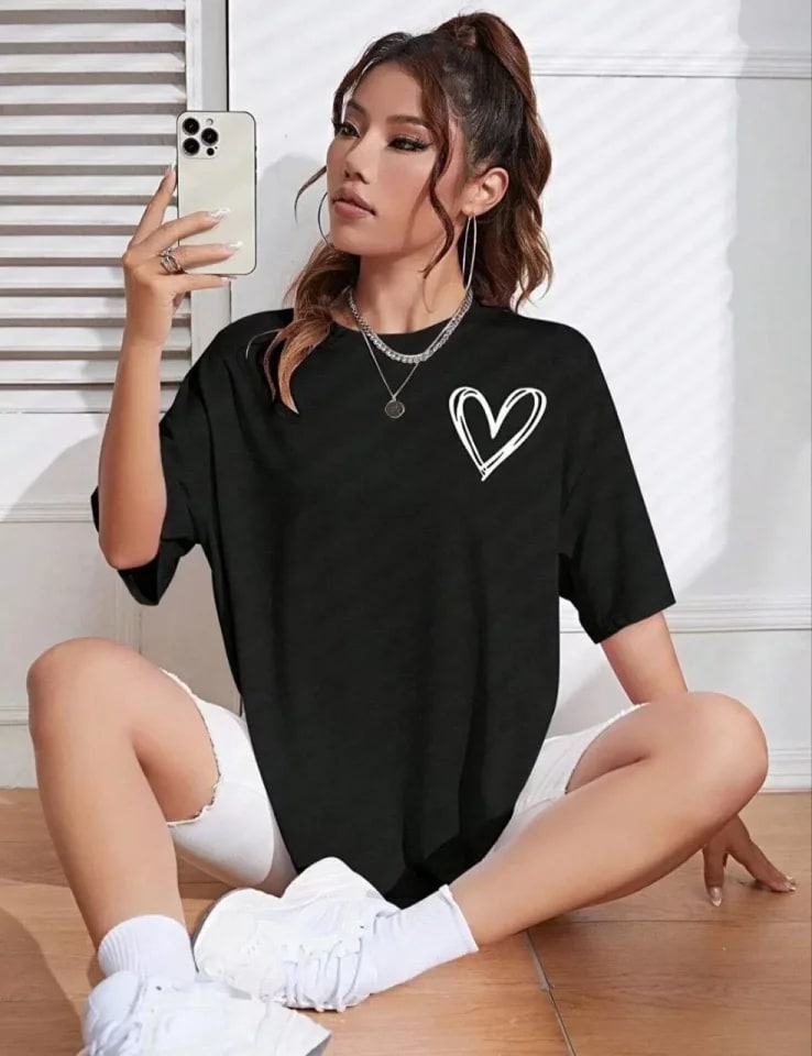 Bisiklet Yaka Baskılı Oversize T-Shirt - Siyah — görsel 1/3
