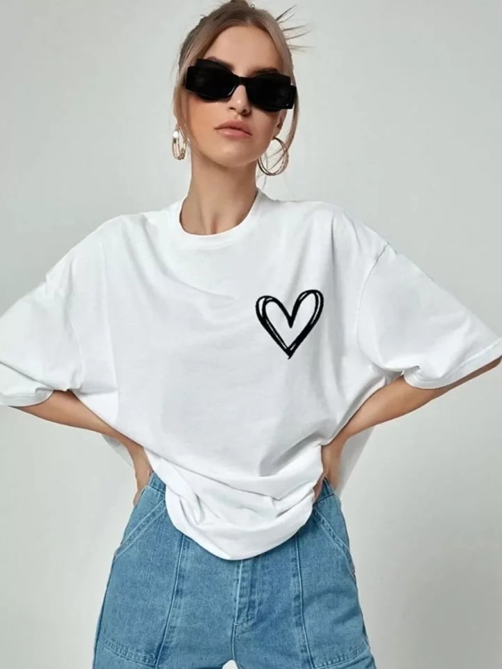 Bisiklet Yaka Baskılı Oversize T-Shirt - Beyaz — görsel 1/4