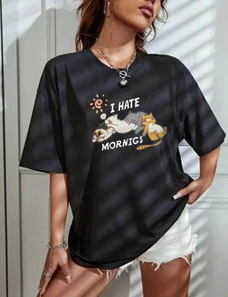 Bisiklet Yaka Baskılı Oversize T-Shirt - Siyah — görsel 1/1