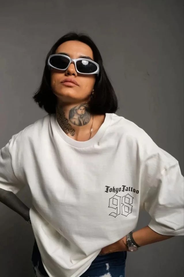 Unisex Bisiklet Yaka Baskılı Oversize T-Shirt - Beyaz — görsel 1/3