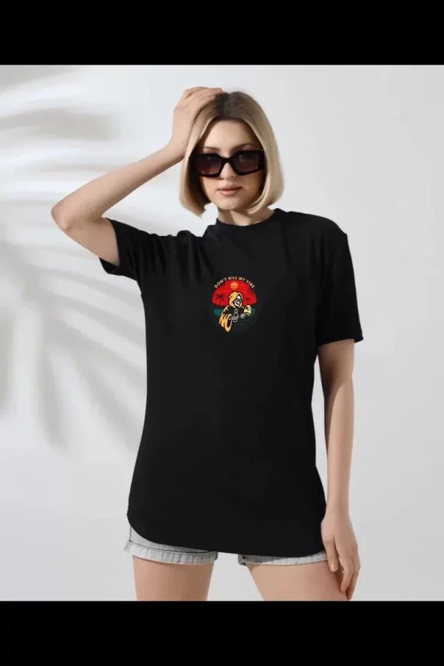 Unisex Bisiklet Yaka Baskılı T-Shirt - Siyah — görsel 1/1