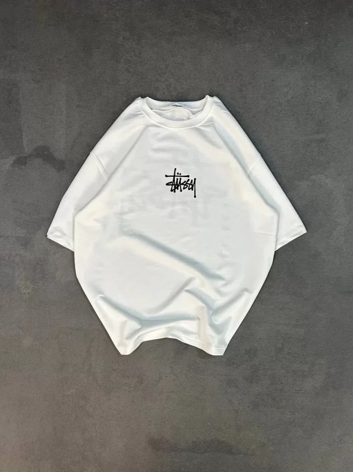 Unisex Bisiklet Yaka Baskılı Oversize T-Shirt - Beyaz — görsel 1/2