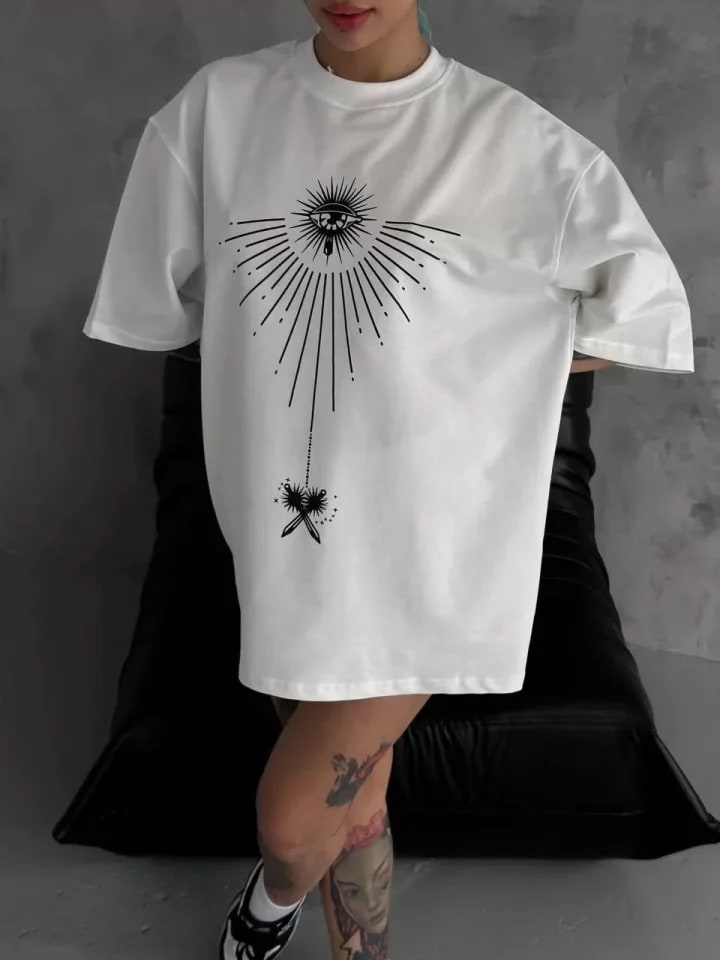 Unisex Bisiklet Yaka Baskılı Oversize T-Shirt - Beyaz — görsel 1/3